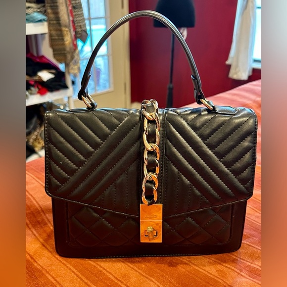 ALDO Black Quilted Satchel Purse Top Handle Gold Chain Lock Structured Bag - Picture 1 of 11